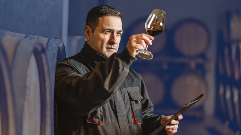 a man holding a wine glass in one hand and a file in another hand